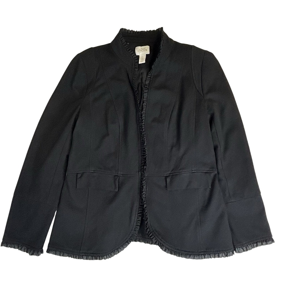 Chico's Blazer Womens Black Ruffle Trim Ponte Long Sleeve‎ Jacket Career Small/0